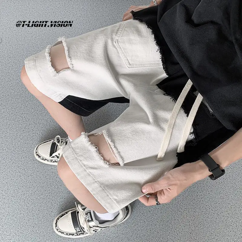 Irregular Ripped Denim Shorts Men'S Design Sense Contrast Paneled Raw Pants Summer American High Street Pants