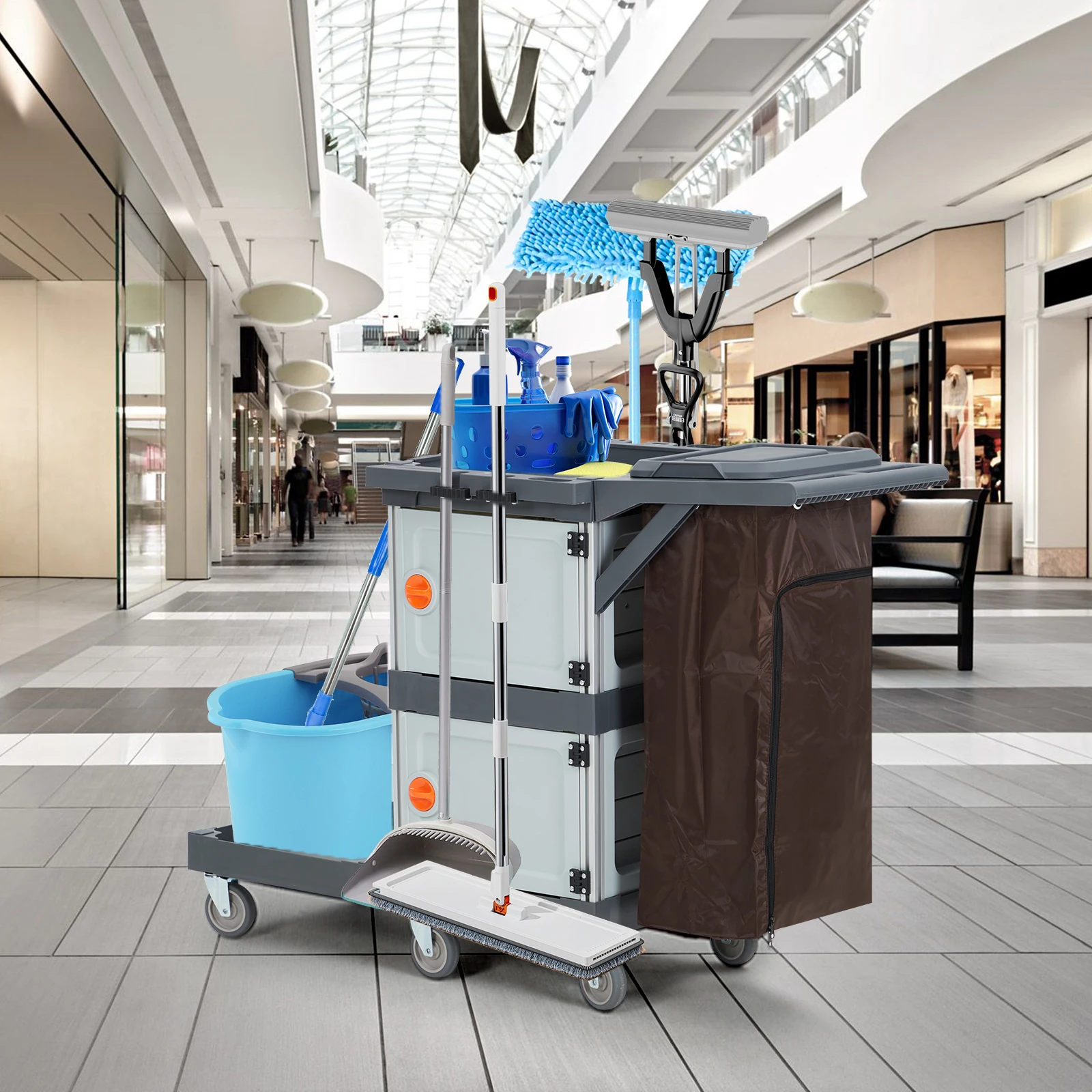 Double Cabinet With Trash Cover Cleaning Trolley Multi-Purpose Engineered Plastic Housekeeping Cart Bag Hand Push Utility Cart