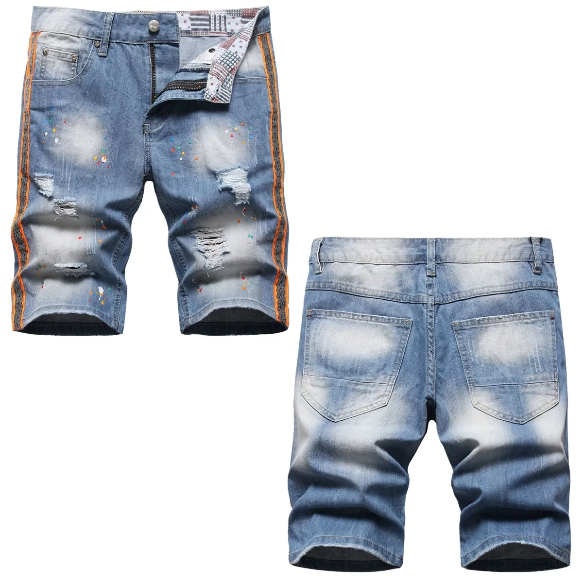 

Men's pants Hipster shorts Night reflective colored webbing ripped hand paint denim medium pants