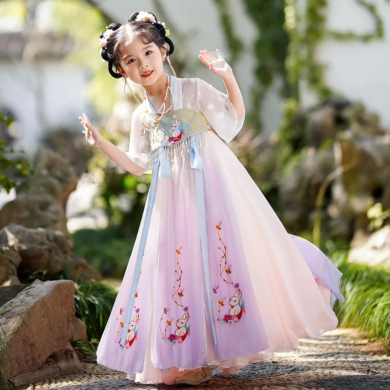 

Girls Hanfu Chinese Traditional Clothing Classical Embroidery Oriental Costume Kids Ancient Folk Tang Suit Stage Dance Dress