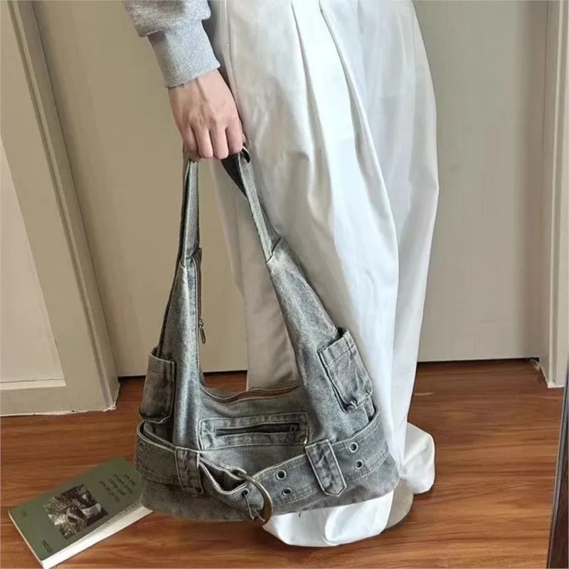 JIAERDI Retro Denim Messenger Bag Women Hot Girl Rivet Large Capacity Casual Crossbody Bags Female Y2k Grunge Handbag 2025 New