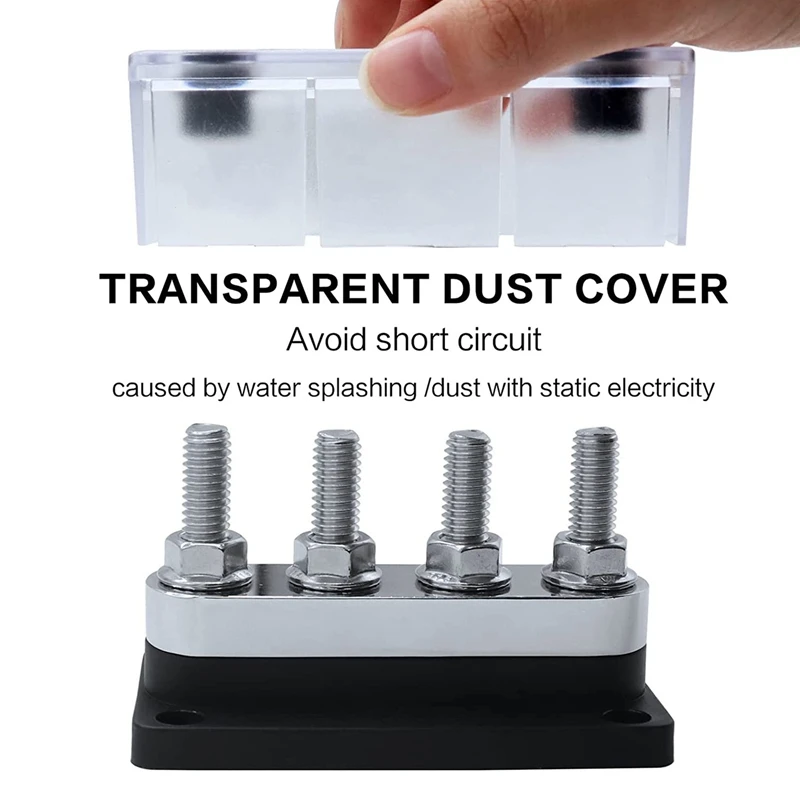 버스 바 고전류 구리 버스 바 터미널 블록, 마린 DC 12V 24V 48V, 커버 포함, 블랙, 2X 600A, 4 스터드 (3/8 인치) M10