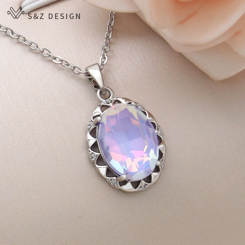 S&Z DESIGN New Fashion Oval Crystal Pendant Necklace For Women Wedding Party Cubic Zirconia 585 Rose Gold Color Jewelry Gift