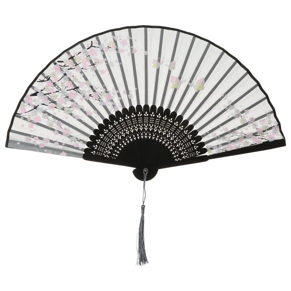 Elegant Vintage-Style Bamboo Silk Hand Fan with Colorful Tassel
