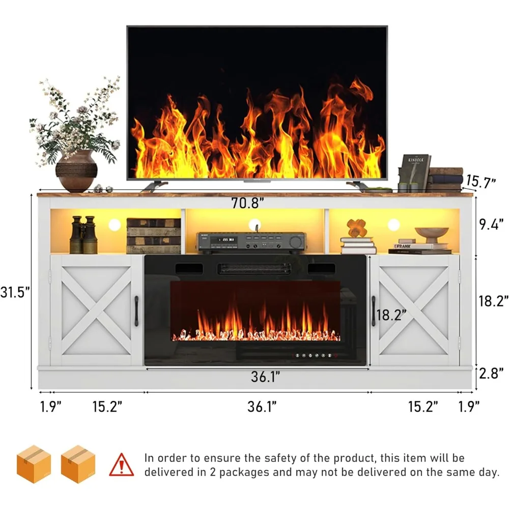 Farmhouse Fireplace TV Stand for 70/75/80 Inch TV, 32”Tall Entertainment Center w/ 36”Electric Fireplace & LED Light 2