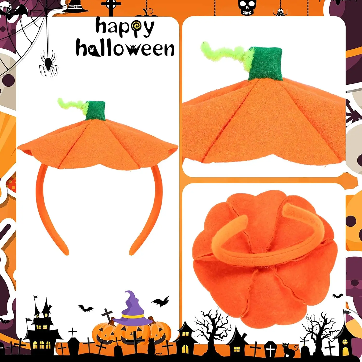 4 Pieces Funny Halloween Pumpkin Headbands SET -Elastic for Halloween Costume birthday family Party Supplies Costume