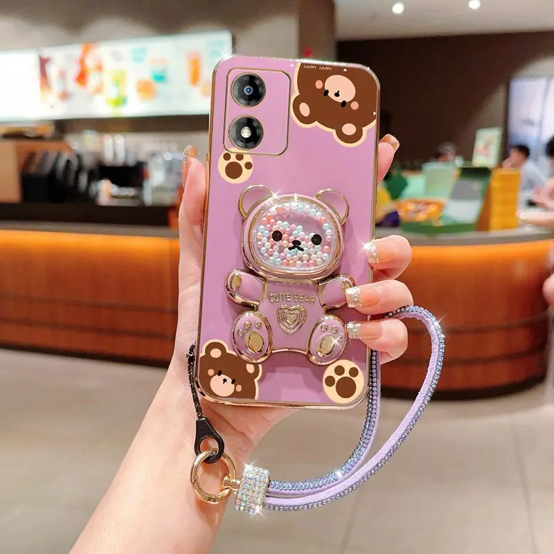 Diamond Wrist Strap Lanyard Cute Bear Phone Holder Case with Stand Back Cover