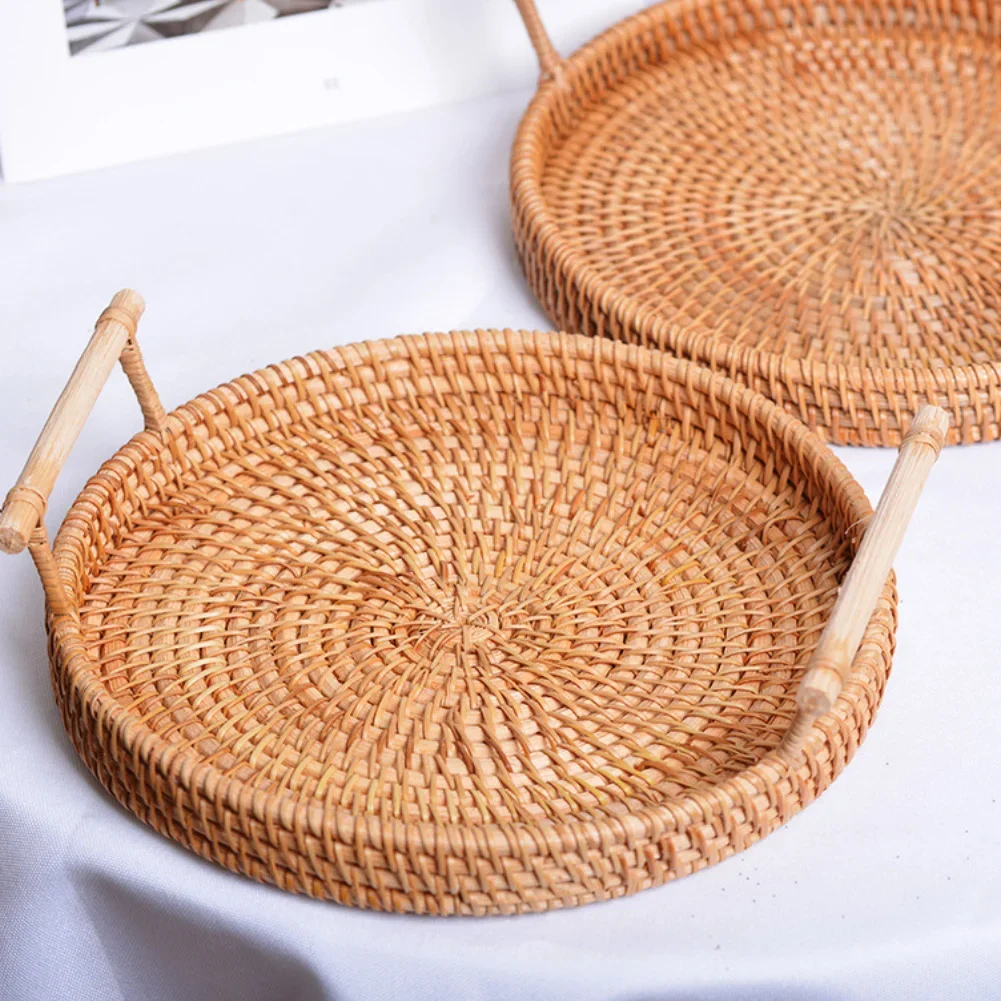 Hand-Woven Round Rattan Tray Fruit Snacks Storage Basket Organizer with Handle Autumn Woven Storage Tray Snack Fruit Tray