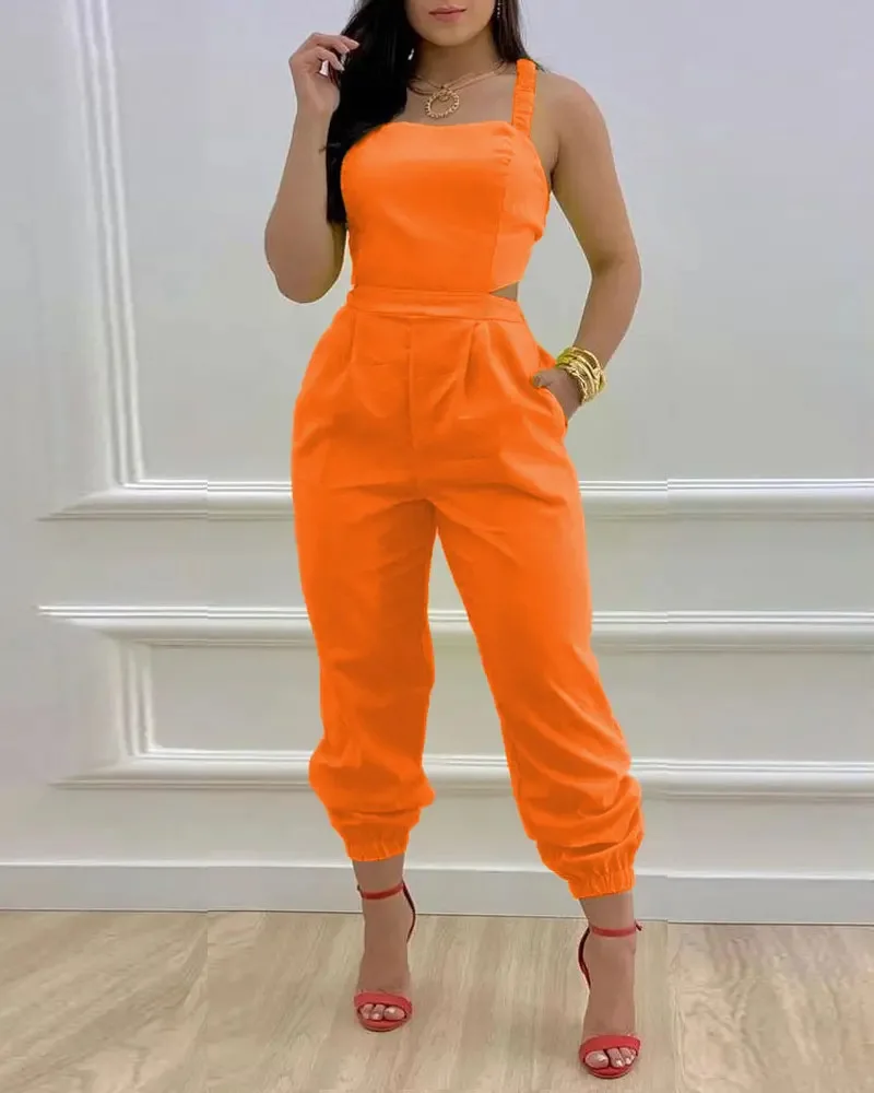 Woman Summer Sleeveless Long Jumpsuits Women Fashion Casual Printing Neck Sleeveless Hollowed-out Backless Rompers Playsuits New