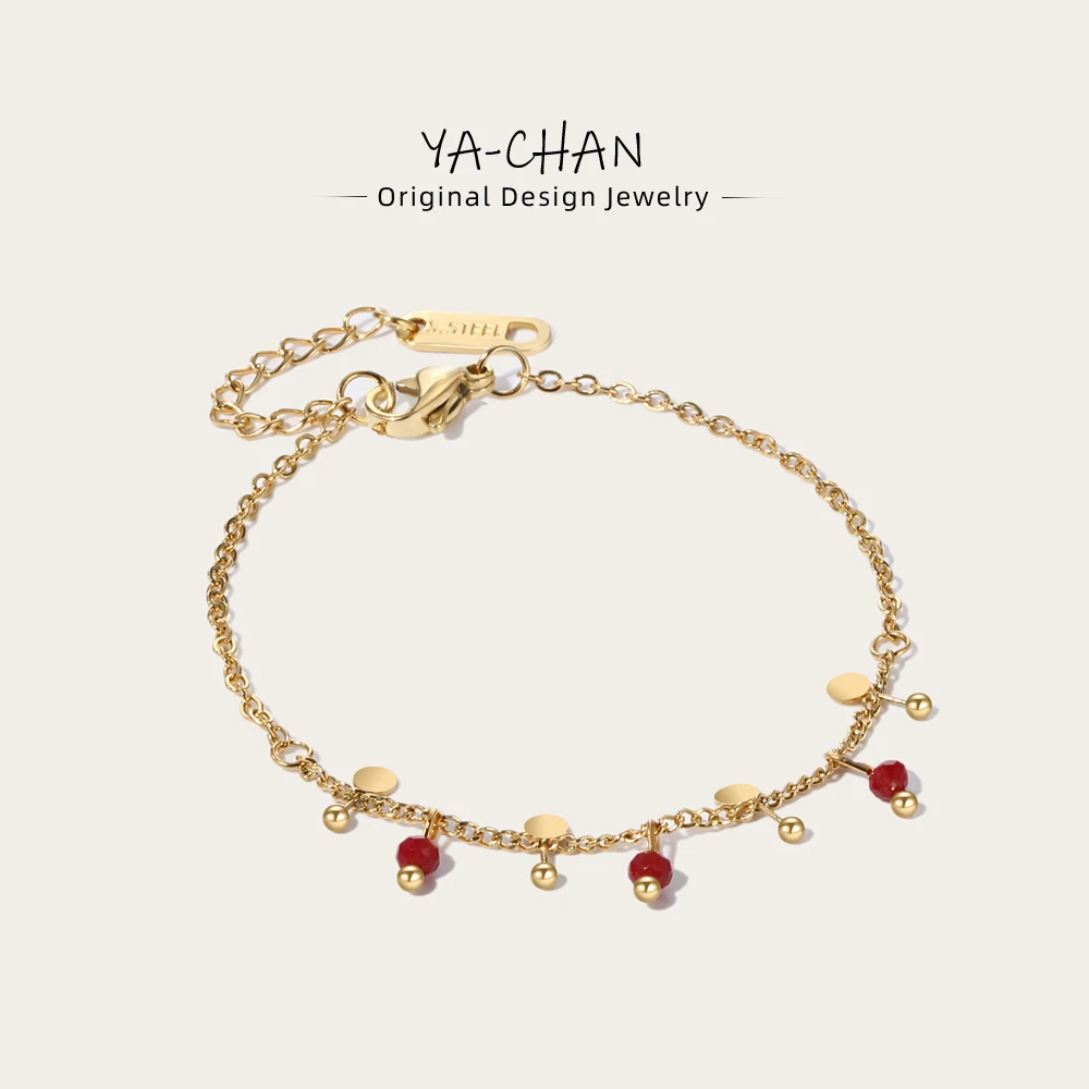 YACHAN 18K Gold Plated Stainless Steel Chain Bracelets Charms Red Acrylic  Ball Bracelet Simple 2023 New Trendy Charm Jewelry