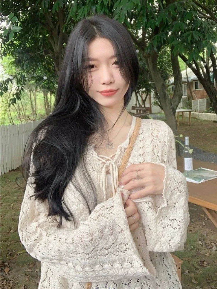 بلوفرات برقبة على شكل حرف V مجوفة للنساء ، سترات ج...