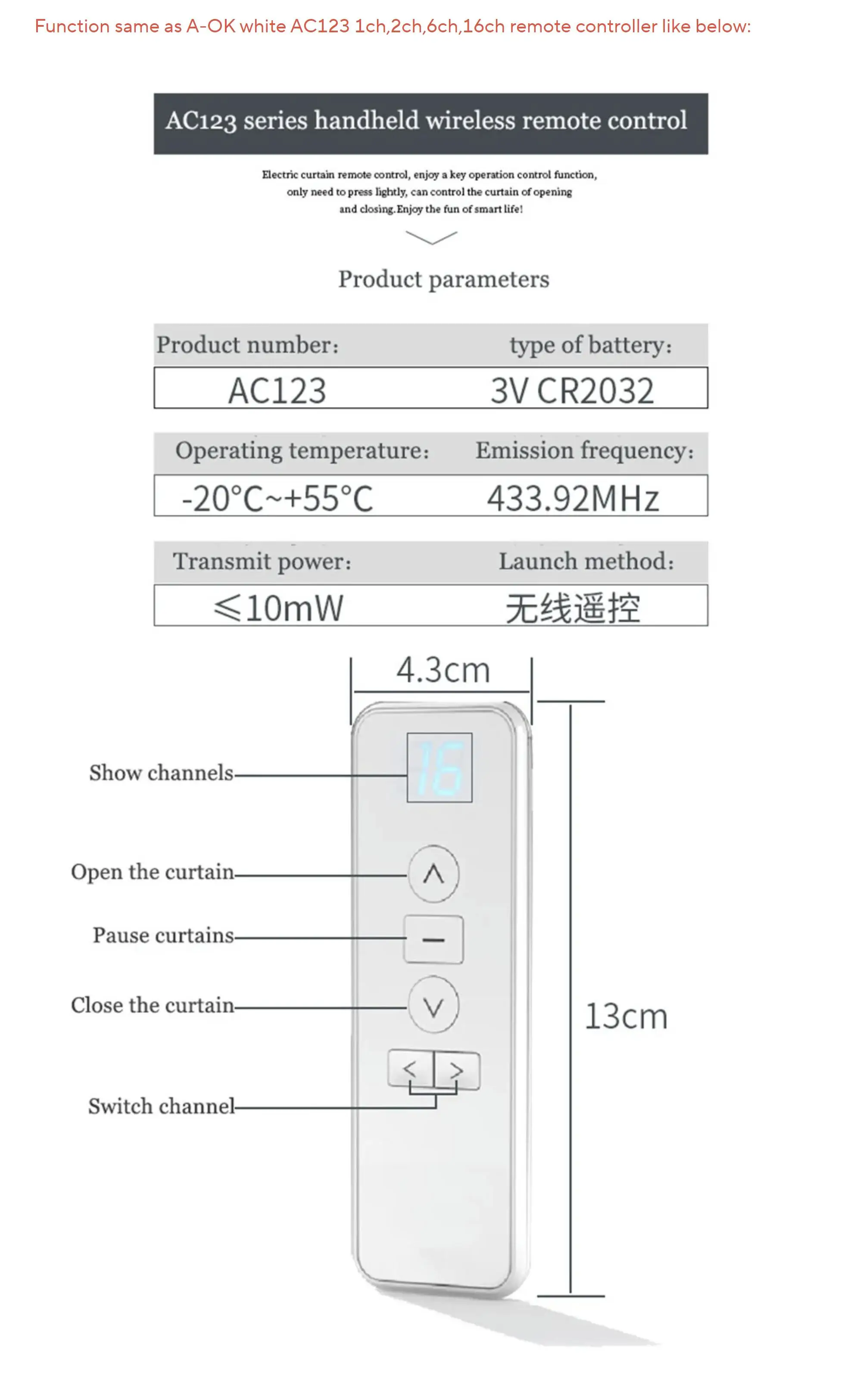 AC123 White Handheld Remote Controller for A-OK RF433 Curtian Motor,Wireless Emi