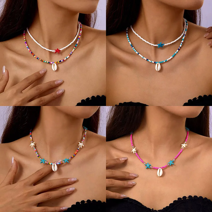 Ocean Style Shell Starfish Seed Beads Choker Necklace for Women