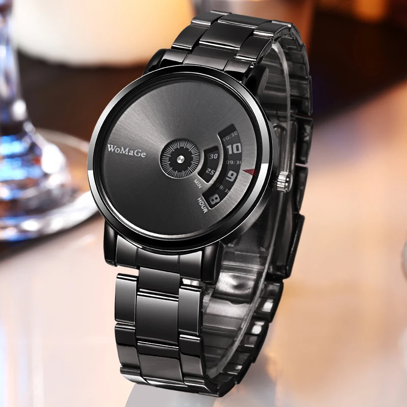 

Fashion Creative Turntable Watches Men Sports Black Watches WOMAGE Stainless Steel Band Quatrz Wristwatches Horloge Man Montre