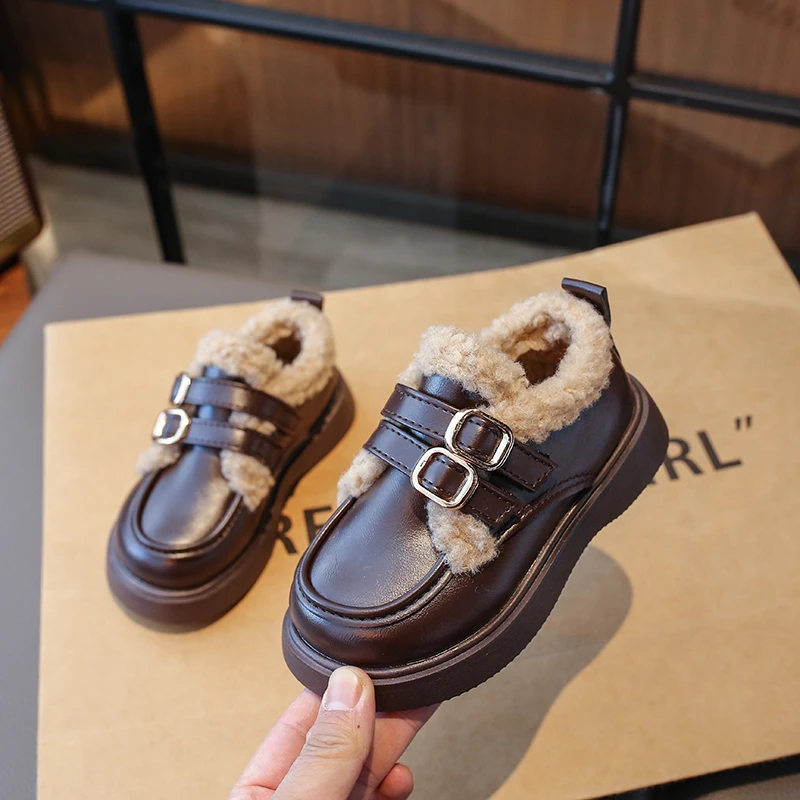 Children Leather Shoes British Style Thick Bottom Girls Plush School Casual Loafers Warm Thicken Kids Cotton Shoes Autumn Winter