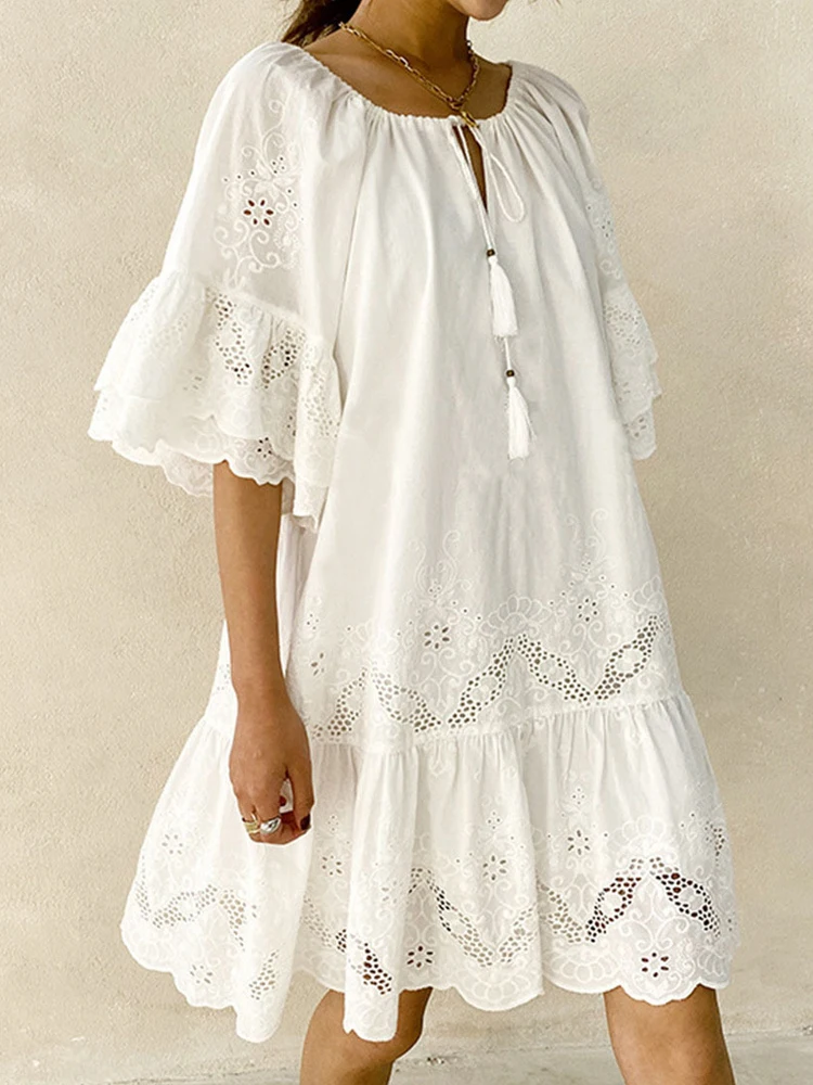 

White Lace Mini Dress Women Eyelet Chic Tassle Ruffle Sleeve Dress Summer Casual Boho Beach Dress Elegant Embroidery VNeck Dress