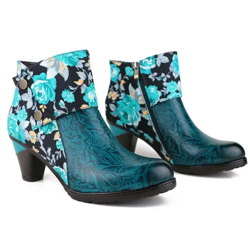 

Krasovki 5cm Print Cloth Genuine Leather Chunky Heels Big Size Shoes Women Mid Calf Ankle Booties Chimney Autumn Spring Weave
