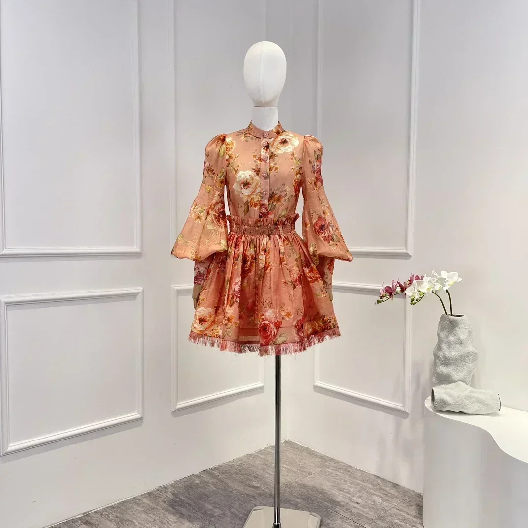 

Summer Floral Print Long Lantern Sleeve Blouse and Mini Skirt Woman Set 2023 New Silk Linen High Quality Vintage Clothes