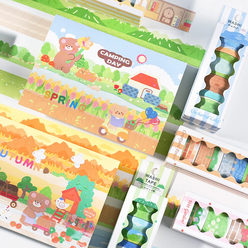 4Rolls Basic Washi Tape Set Landscape Masking Tape Journal Supplies Washitape Stickers Stationery Album Decorative Adhesive Tape 4