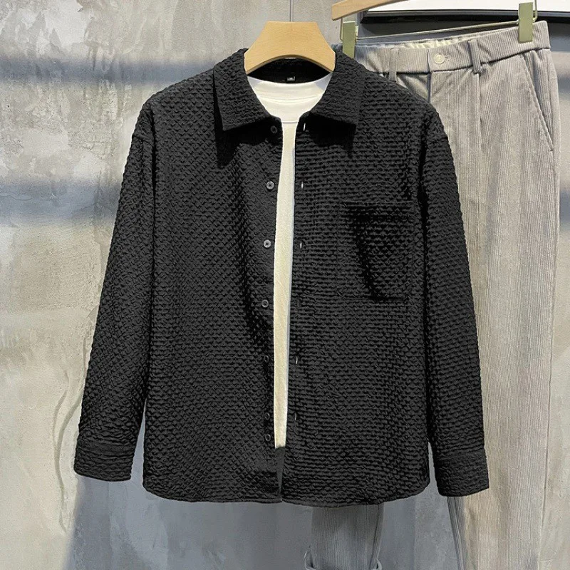 

2023 New Trendy Grain Texture Lapel Shirt Top, Men's Korean Version Trendy Cool Color Versatile Waffle Long Sleeved Shirt