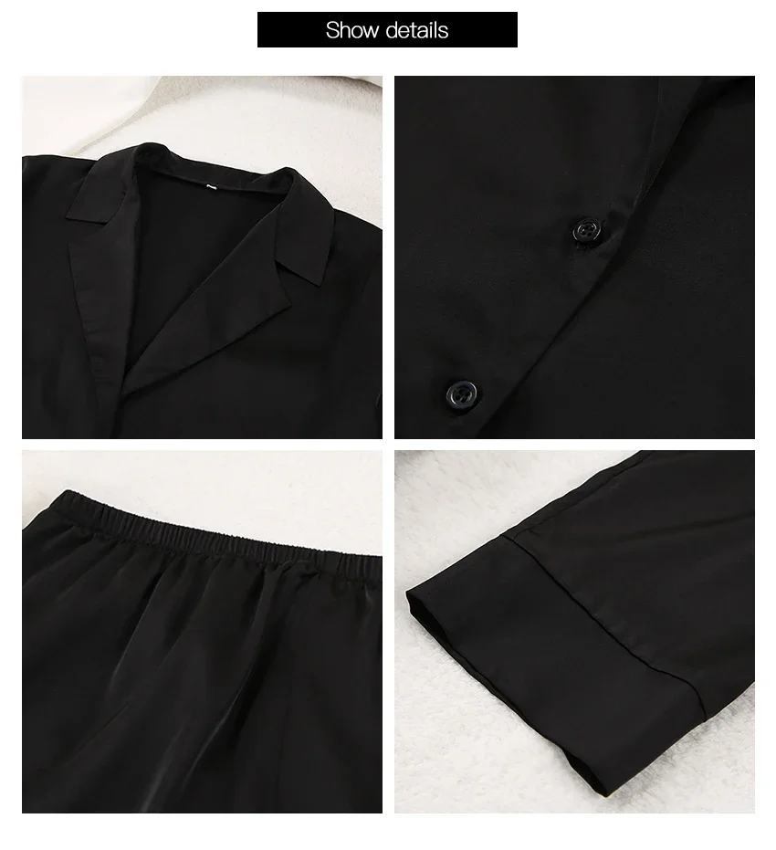 New Women Silk Pajamas Imitation Ice Silk Black Comfortable Light Luxury Color Long Sleeve WIde Pants Sleepwear Set