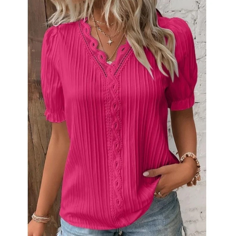 Se51d0686699a46ef9e54889009c17f74Z Elegant Blouse Solid Shirt Lace Summer Fashion Hollow Short Sleeve Pullover Top Office Lady Shirt S-5XL Mallzona