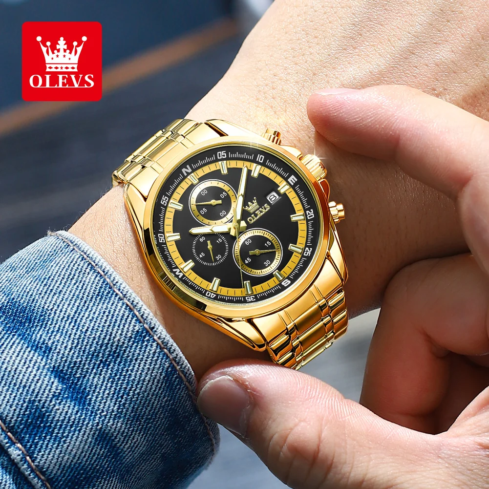 OLEVS Luminous Waterproof Men's Watches Gold Stainless Steel Strap Quartz Watch for Man Date Original Authentication Brand Watch