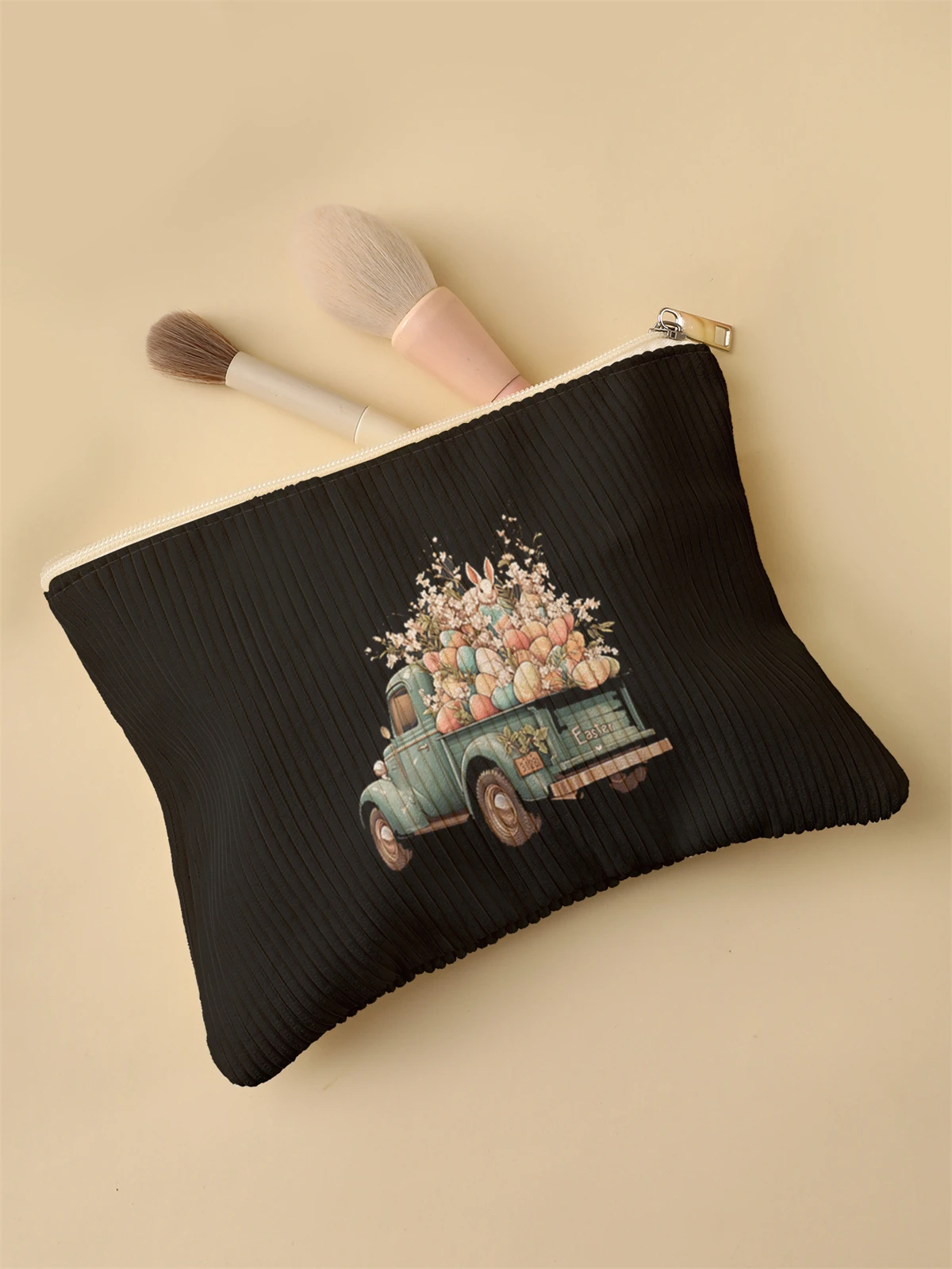 Women's Corduroy Travel Cosmetic Bag Portable Large Capacity Makeup Storage Organizer Zipper Clutch Purse Make up Bag