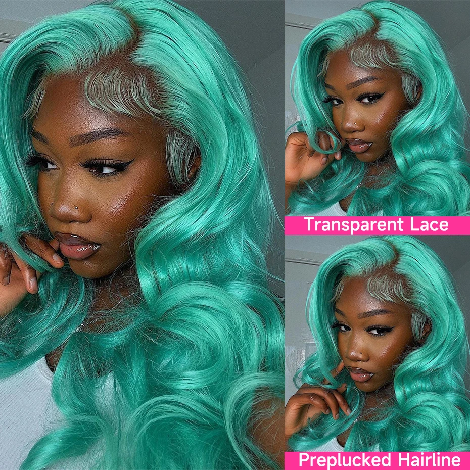 13x6 Teal Ocean Blue Lace Front Wig Human Hair Body Wave Transparent Lace Frontal Wigs For Women Remy Turquoise Hair 38 40 inch 3
