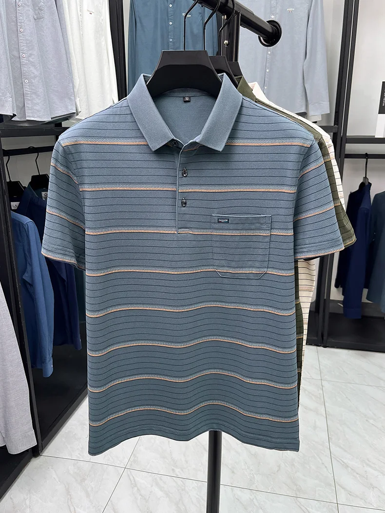 High quality stripe men short sleeve polo shirt light luxury pocket comfort breathable summer silky cotton casual lapel T-shirt 19 Se51d2bc9e08a4dbcb29dca6ad7574d4eg