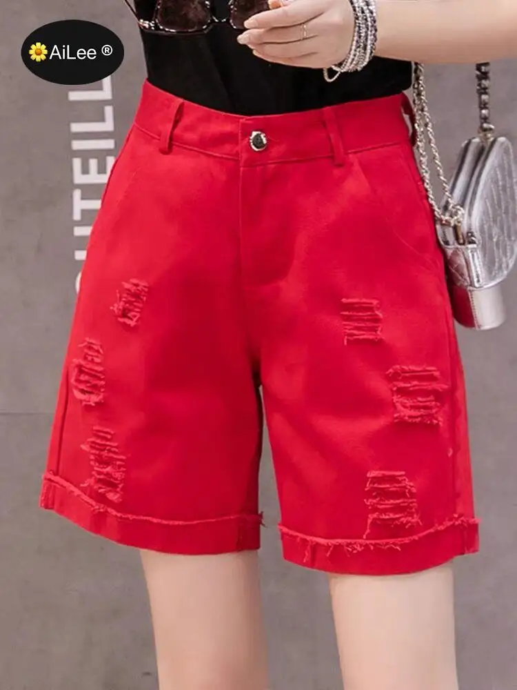 Half Length Denim Shorts Vintage White Black Solid Baggy High Waist Simple Tassel Loose Casual Female Shorts Side Split Summer