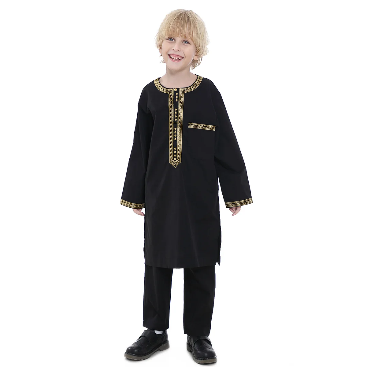 Muslim Boys Islamic Round Collar Embroidered Button Long Sleeves Thobe and Pants Suit Arabic Children Ramadan Robe Caftan Set
