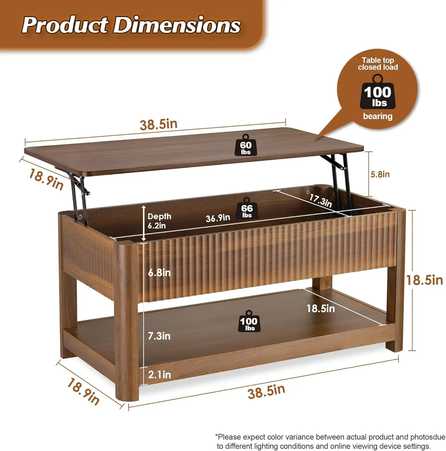 Lift Top Coffee Table with Storage, Mid Century Modern Coffee Table with Hidden Compartment, Fluted Wood Center Table