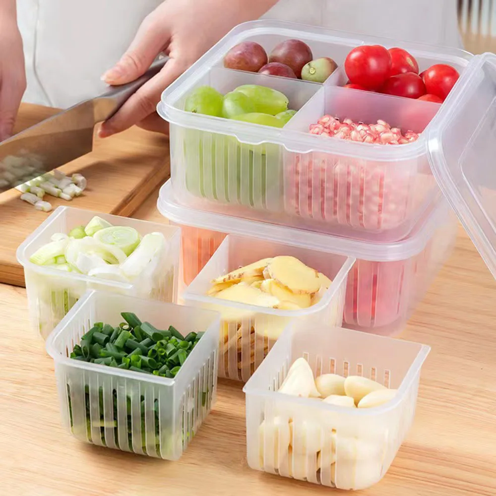 Four Grid Scallion Fresh-keeping Box Lid Kitchen Scallion Ginger Garlic Storage Box Refrigerator Storage Box storage box