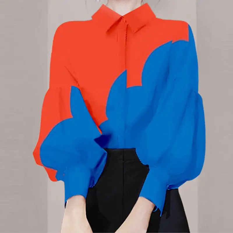 2023Women's Spring Autumn New Fashion Elegant Polo Collar Long Sleeve Panel Button Shirt Casual Versatile Western Commuter Tops