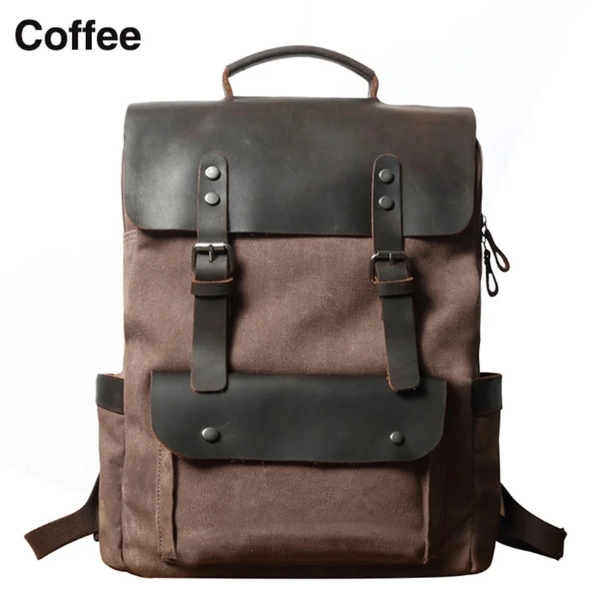 Vintage Men Canvas Backpacks Crazy Horse Leather Rucksacks Laptop Bagpack School Bags Mountaineering Travel Pack