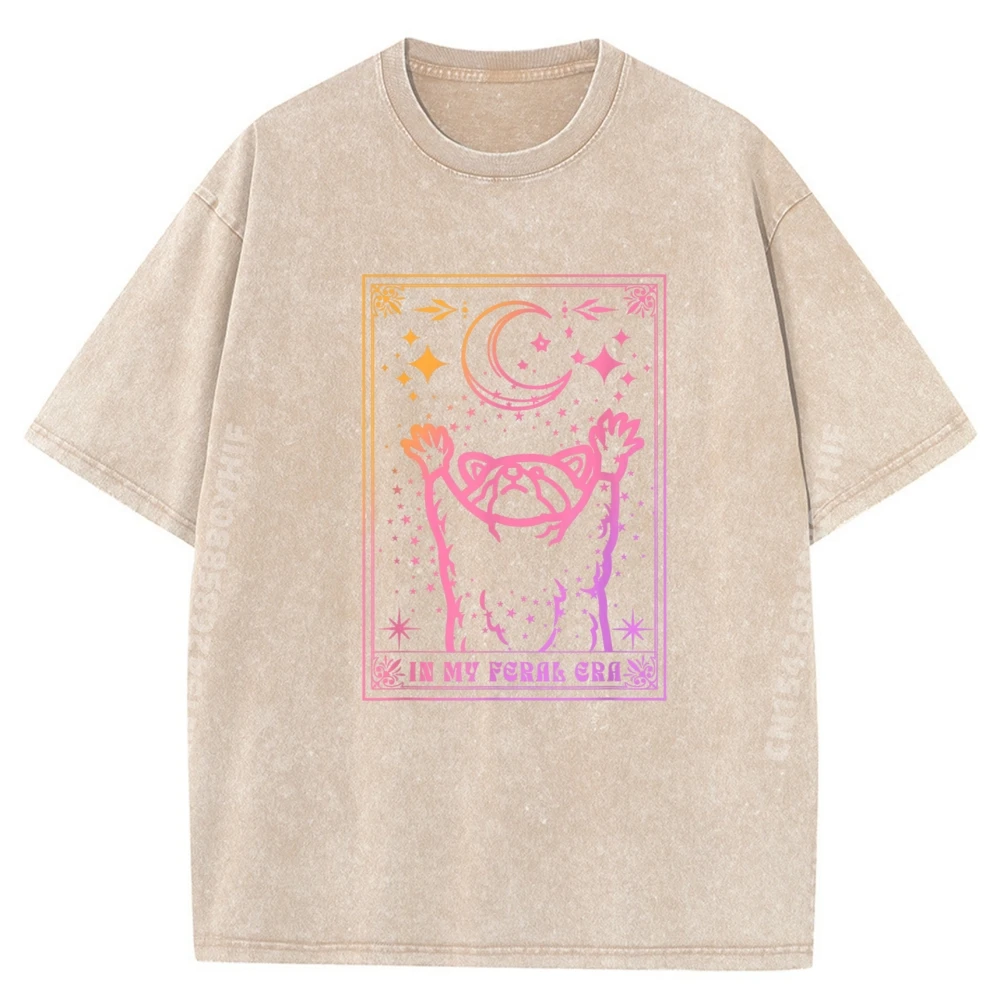 In My Feral Era Lover Gift T-Shirt Gift Idea 100% Cotton Christmas Tees Normal T-Shirt Retro washed Short Sleeve Newest O-Neck In My Feral Era Lover Raccoon_B19876 beige