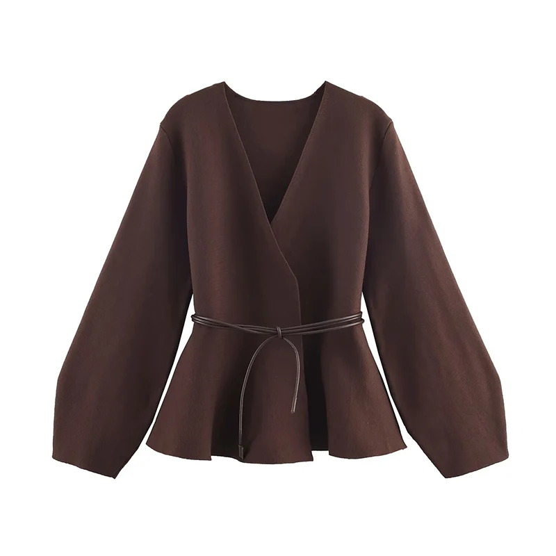 2025 Women Jacket Fashion With Belt Knitted Short Coats Women Casual Loose High Street V Necl Long Sleeve New Jackets Outerwear