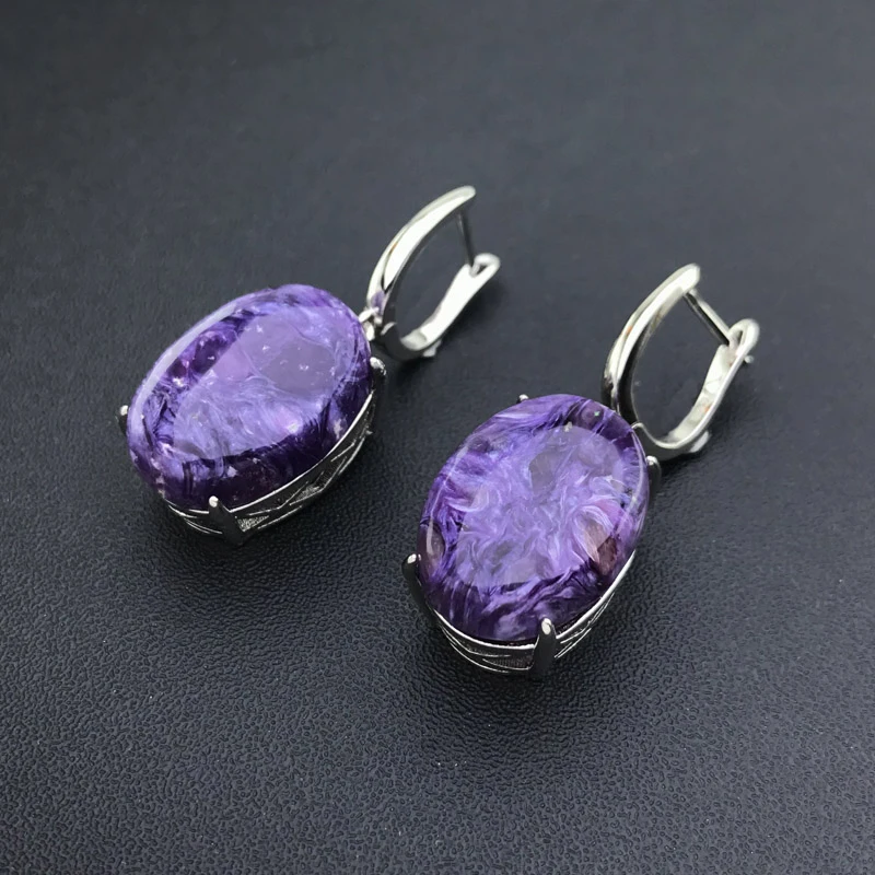 CSJ 빅 스톤 천연 Seraphinite 귀걸이 스털링  Charoite 타원형 13*18mm 여성용 생일 파티 보석 선물