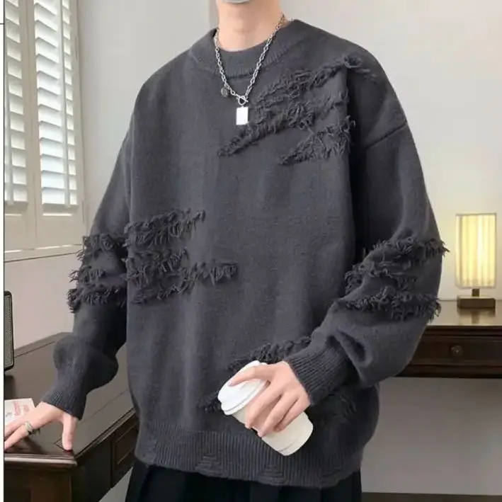 Fashion Solid Autumn Winter Loose Long Sleeve T-shirt Men Pullover Soft Solid Patchwork Irregular Pattern Sweater Warm