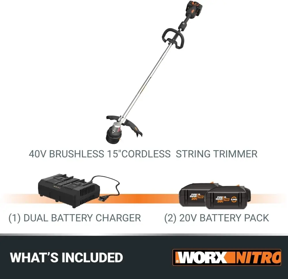 Nitro 40V 15" Cordless String Trimmer with Brushless Motor Powerful Grass Trimmer with Dual-Exit Bump-Feed Head Lightweight