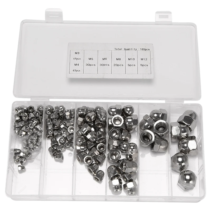 

180 Pcs Stainless Steel Dome Cap Nuts Hexagon Hex Head Cap Nut Bolt Set For Screws And Bolts M3 M4 M5 M6 M8 M10 M12