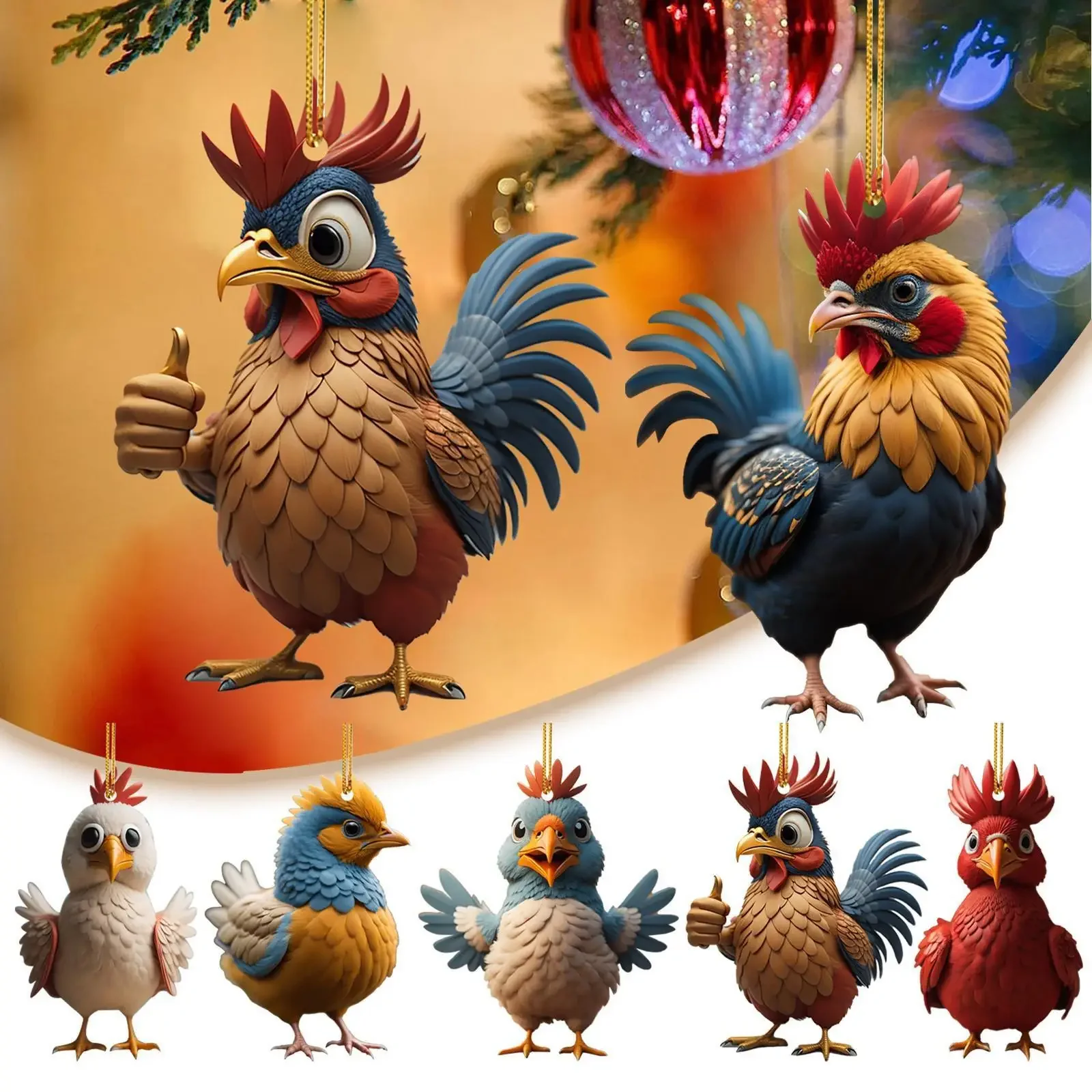

2D Funny Rooster Hanging Ornaments Farm Animals Thanksgiving Day Christmas Party Xmas Tree Chicken Pendants Kids Favors Decor