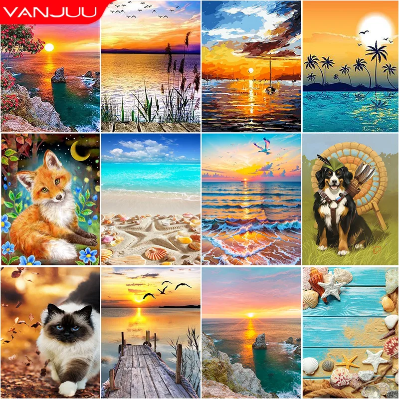 

Dog 5D Diamond Painting Kit Fox Beach Shell Sunset Embroidery Painting Scenery Diamond Mosaic DIY Rhinestone Home Art Decoration