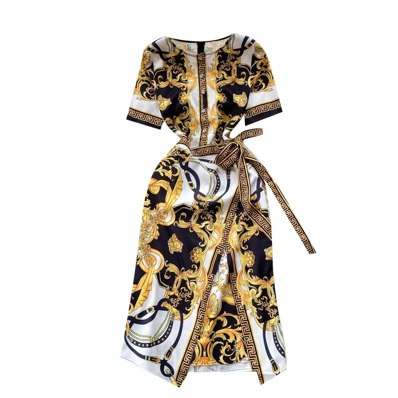 Neploe 2025 Summer Court Style Print Vestido Round Neck Long Sleeve Lace Waist Slim Robe High-end Temperament Package Hip Dress 5