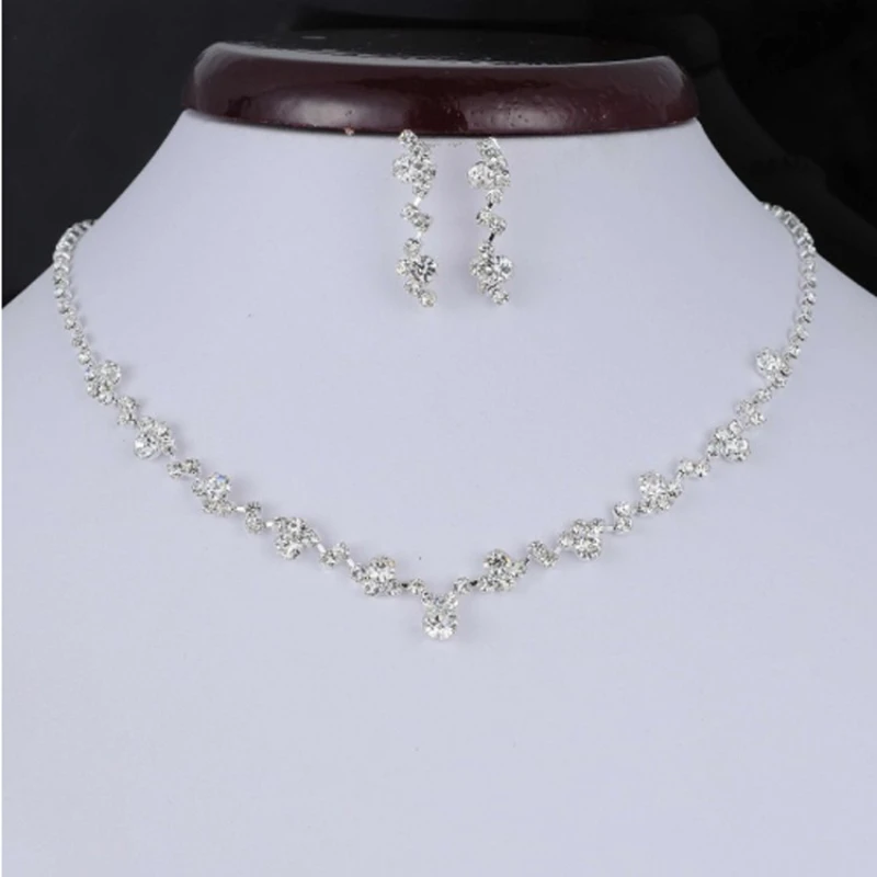 Fashion Crystal Bridal Jewelry Sets Silver Color Geometric Choker Necklace Earrings Bracelet Wedding Jewelry Set