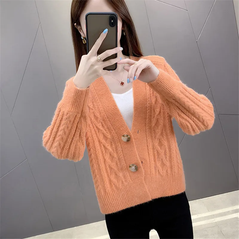 

Корейский однотонный вязаный свитер, Женский облегающий Короткий трикотажный жакет с V-образным вырезом и длинным рукавом, Осенний модный кардиган, вязаные топы для женщин