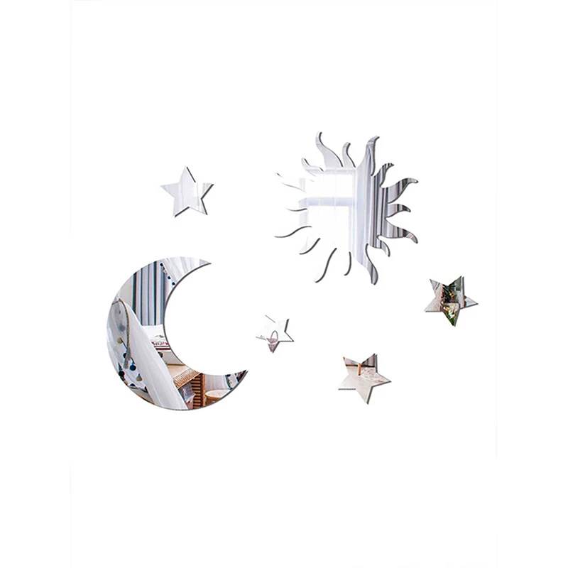 DIY 3D Wall Mirror Sticker for Wall Decoration Mirror Wall Stickers Moon Stars and Sun Wall Decals for Living Room Decor