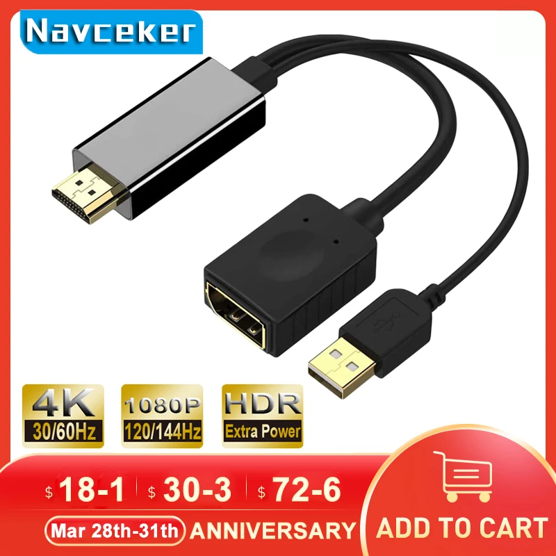 4K DP DisplayPort to HDMI Adapter Cable 10FT, iXever DP to HDMI Video Cord  UHD 4K@60Hz, 2K@144Hz, 1080P@144Hz for HDTV, Dell, Monitor, Projector