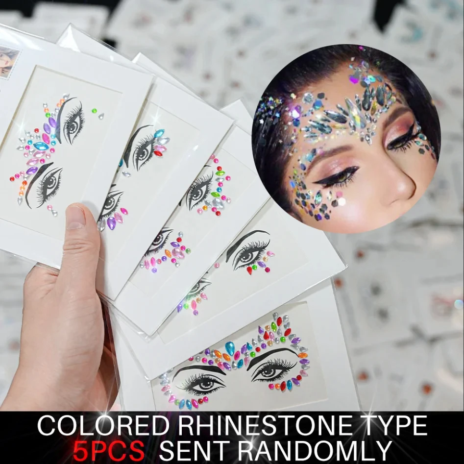3D Diamond Face Jewels Body Rhinestones Stickers Self-Adhesive Face Gems with Glitter Crystal 5Pcs for Party/Wedding/Festival